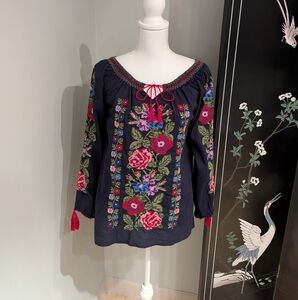 Durga Women's S/M Peasant Blouse Cross Stitch Embroridery Floral Top Tassels 133